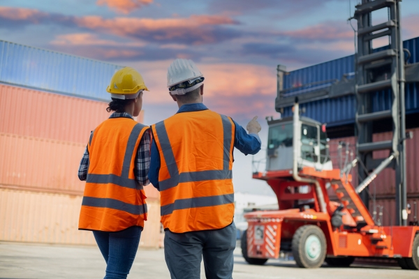 Two dock workers in safety gear overlooking container yard operations with reach stacker equipment in background during sunset