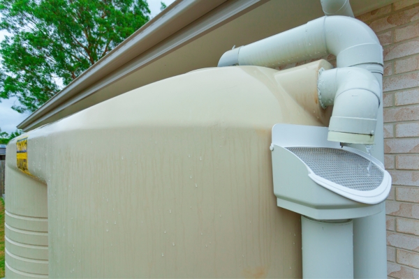 Close-up of rainwater tank installation showing downspout, first flush diverter, and filtration system